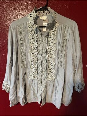 POL Pale Blue Floral Lace Button-Up Top